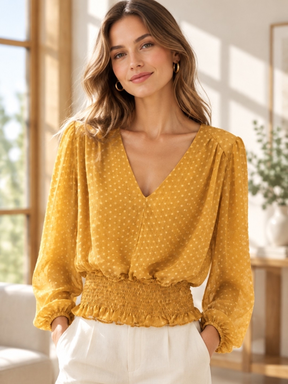 Textured Mustard V-Neck Smocked-Waist Blouse
